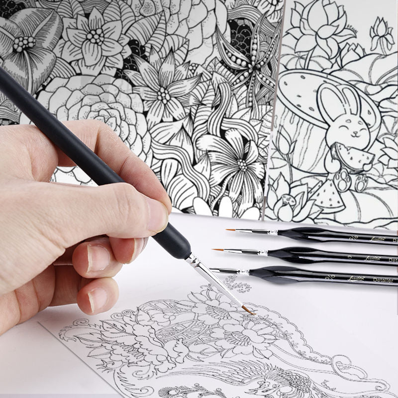 Hand holding a paint brush over a paint by numbers canvas with intricate designs and additional paint brushes on a white surface.