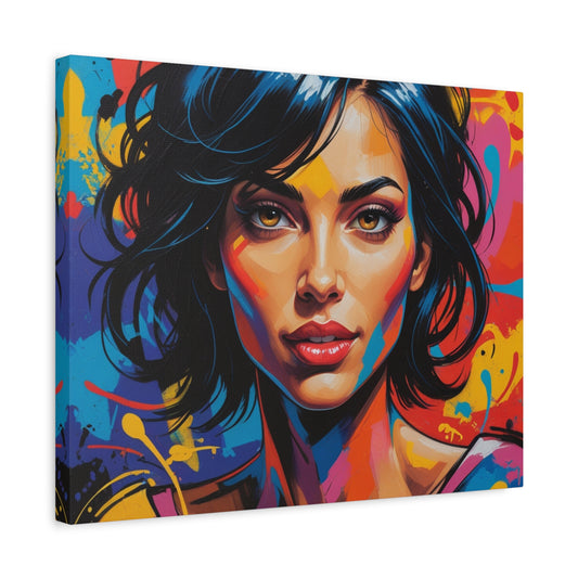 Paint By Numbers portrait of a woman with expressive eyes, bold facial structure, and vivid abstract paint strokes in fiery red, orange, and blue tones in a frame