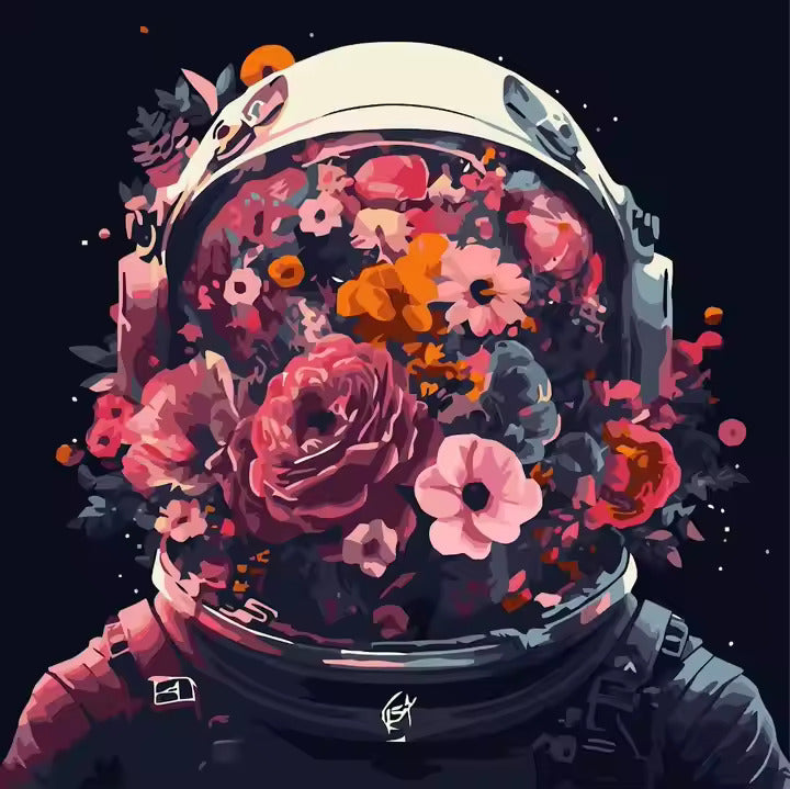 Floral Astronaut Diamond Painting Kit showing a surreal astronaut helmet bursting with colorful flowers in shades of pink, orange, and red, symbolizing life and creativity