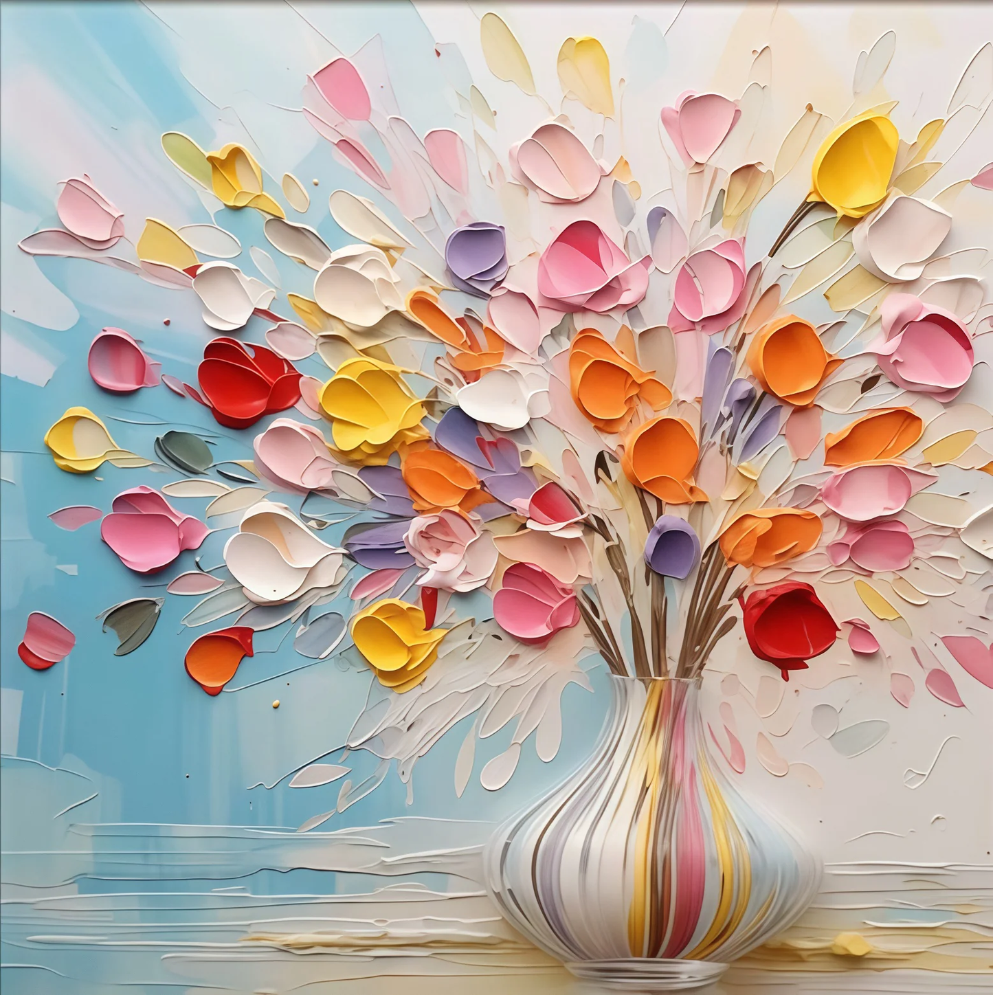 Floral Flight Paint By Numbers kit showcasing vibrant red, yellow, orange, pink, and lavender 3D textured flowers bursting from an elegant striped vase against a soft pastel background, perfect for Canadian artists.