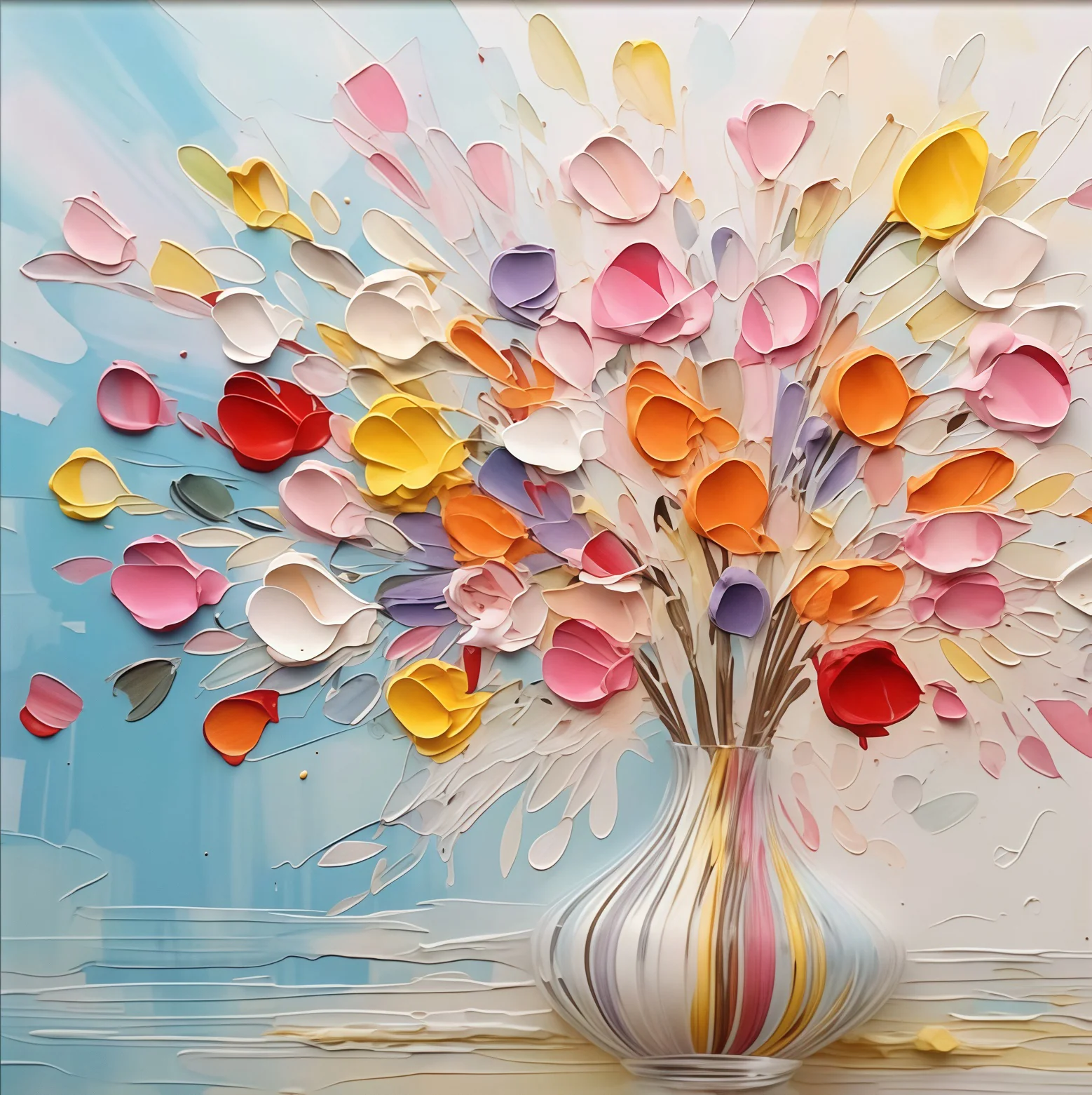 Floral Flight Paint By Numbers kit showcasing vibrant red, yellow, orange, pink, and lavender 3D textured flowers bursting from an elegant striped vase against a soft pastel background, perfect for Canadian artists.