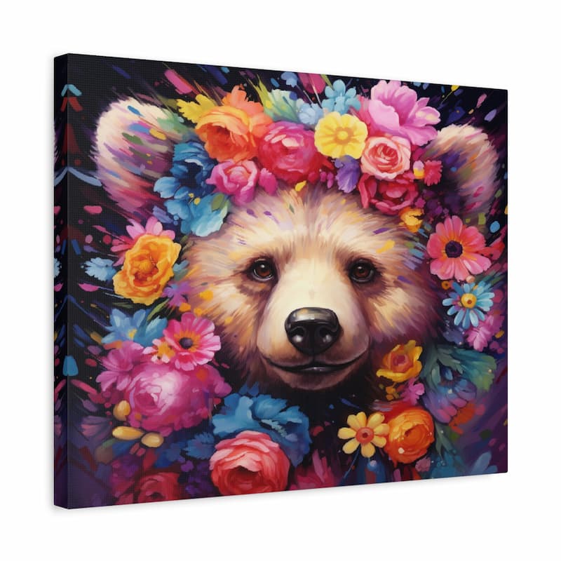 Canvas print of a bear surrounded by colorful flowers on a dark background