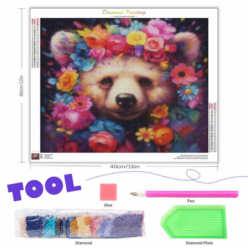 Diamond painting kit with a colorful bear design, tools, and materials on a white background.