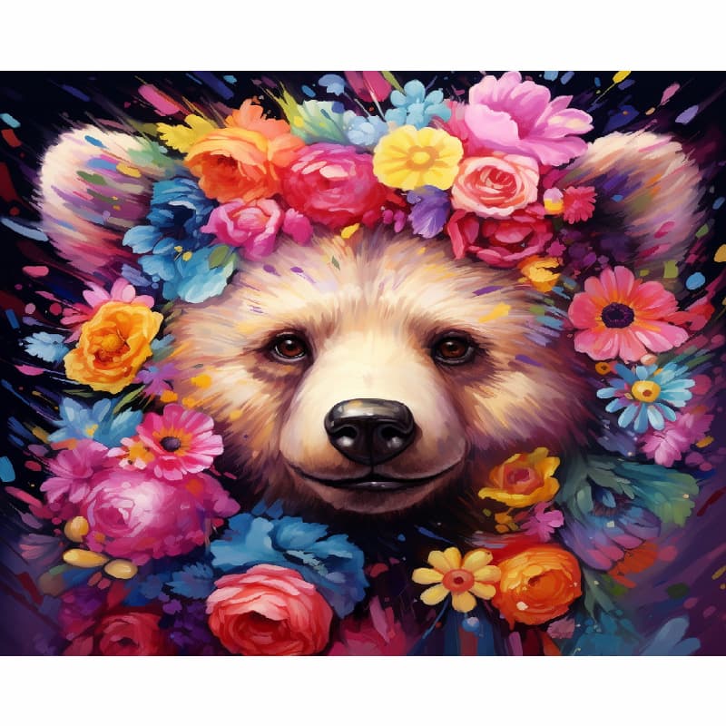 Colorful painting of a bear surrounded by flowers on a dark background