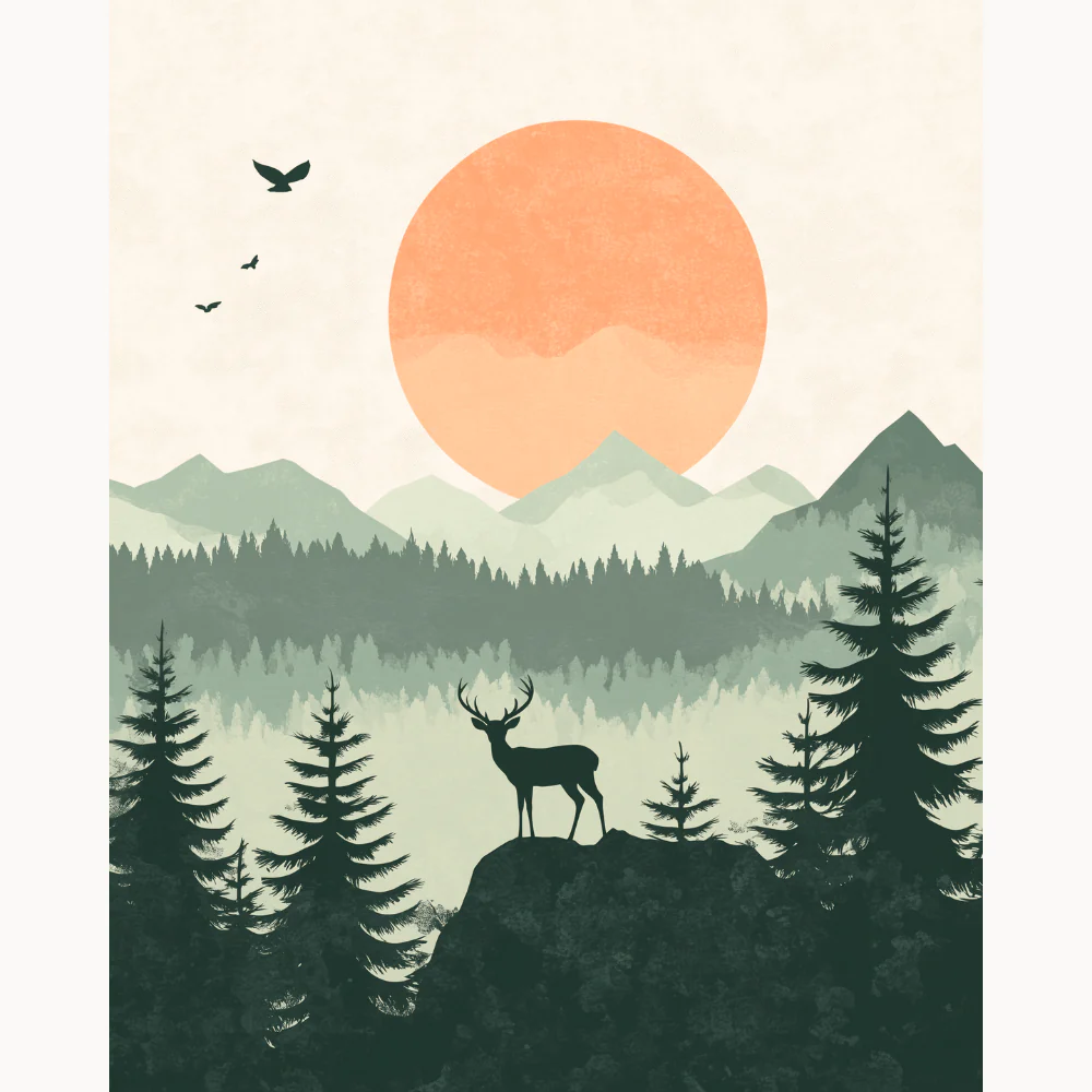 Forest Watcher Paint By Numbers showing a silhouette of a deer on a rock surrounded by pine trees, misty forest layers, and a soft orange sun in the background