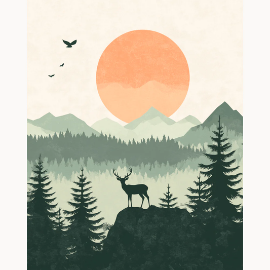 Forest Watcher Paint By Numbers showing a silhouette of a deer on a rock surrounded by pine trees, misty forest layers, and a soft orange sun in the background