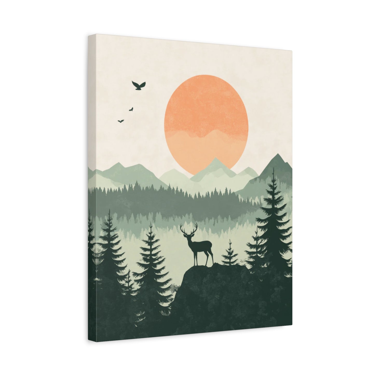 Forest Watcher Paint By Numbers showing a silhouette of a deer on a rock surrounded by pine trees, misty forest layers, and a soft orange sun in the background in a frame