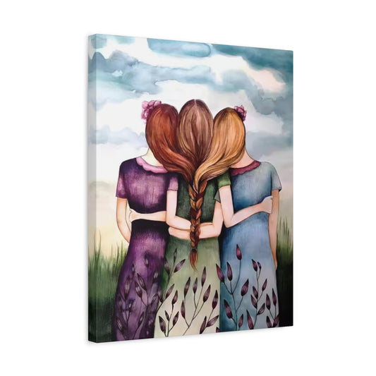 Forever Together Diamond Painting Kit featuring three girls with intertwined braided hair, arms around each other, symbolizing unbreakable friendship and unity shown in a frame