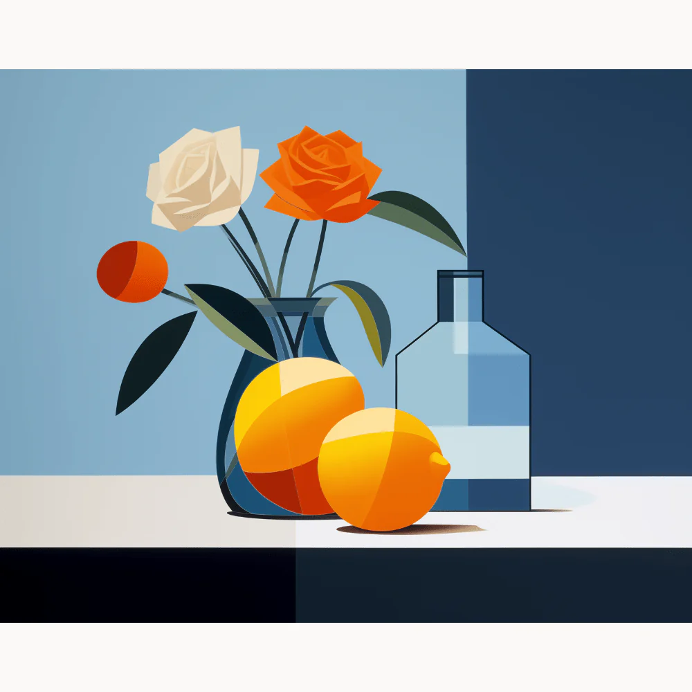 Fresh Composition Paint By Numbers showing modern still life with vase of roses, citrus fruits, and a glass bottle in soft blue tones