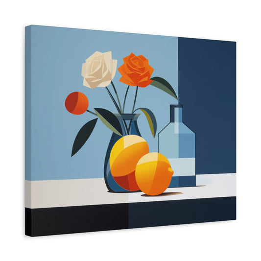 Fresh Composition Paint By Numbers showing modern still life with vase of roses, citrus fruits, and a glass bottle in soft blue tones shown in a frame