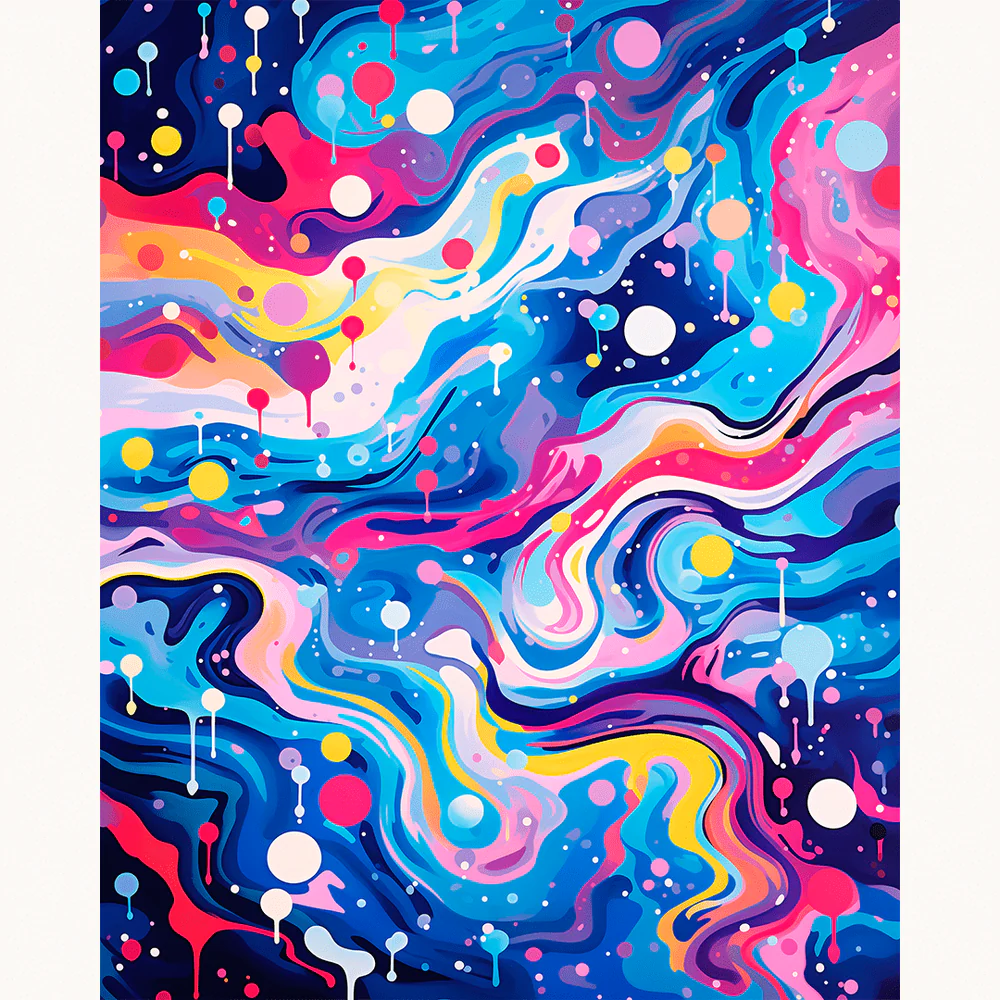 Galactic Flow Paint By Numbers abstract painting with colorful swirling space-like patterns in blue, pink, and yellow, featuring floating orbs and paint drips
