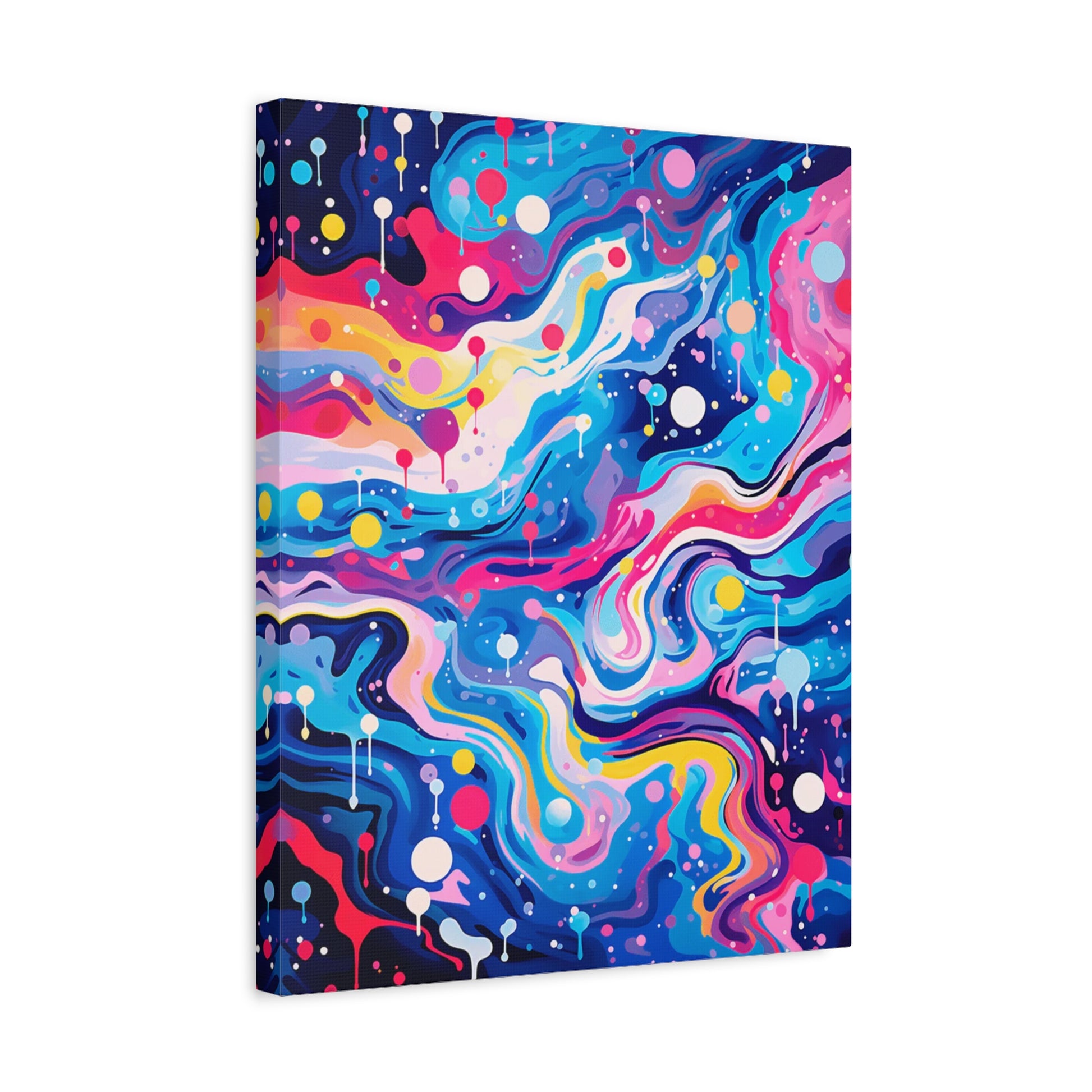 Galactic Flow Paint By Numbers abstract painting with colorful swirling space-like patterns in blue, pink, and yellow, featuring floating orbs and paint drips in a frame