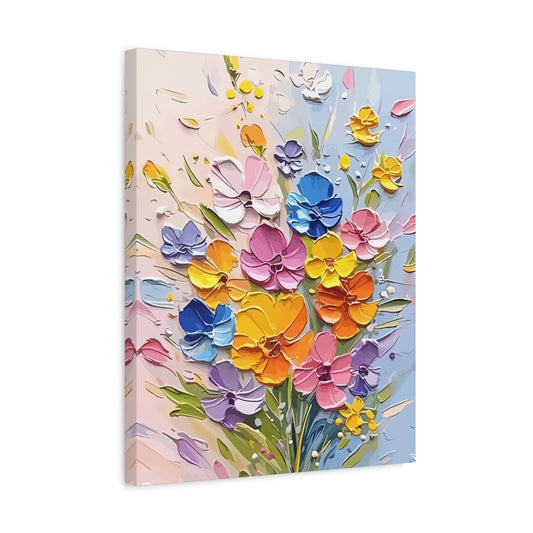 Garden Melody Paint By Numbers kit featuring vibrant yellow, pink, blue, purple, and orange textured flowers blooming against a soft pastel background, perfect for Canadian artists shown in a frame