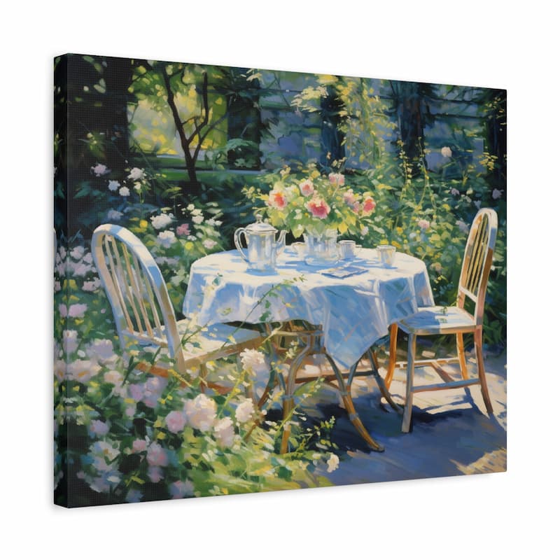 Painting of a garden scene with a table, chairs, and flowers.