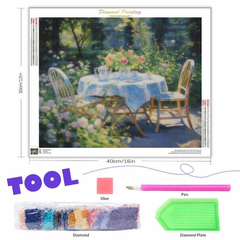 Diamond painting kit with a scenic image of a garden table and chairs, tools, and materials displayed below.