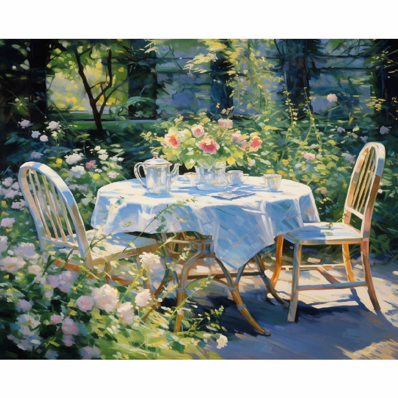 Painting of a garden scene with a table set for tea, surrounded by flowers and greenery.