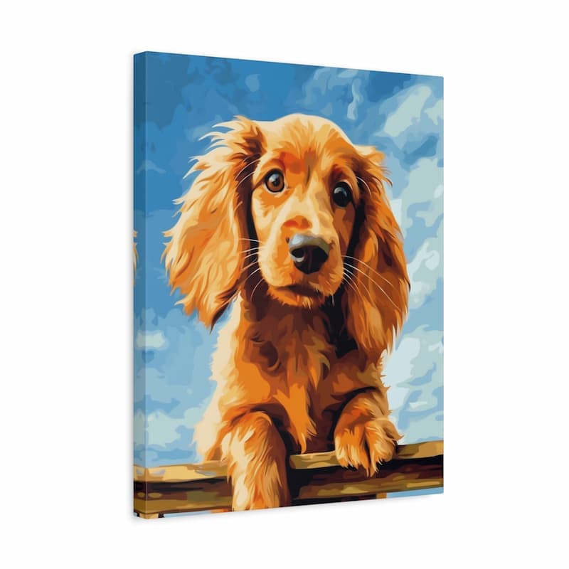 Canvas print of a dog sitting on a wooden deck with a blue sky background