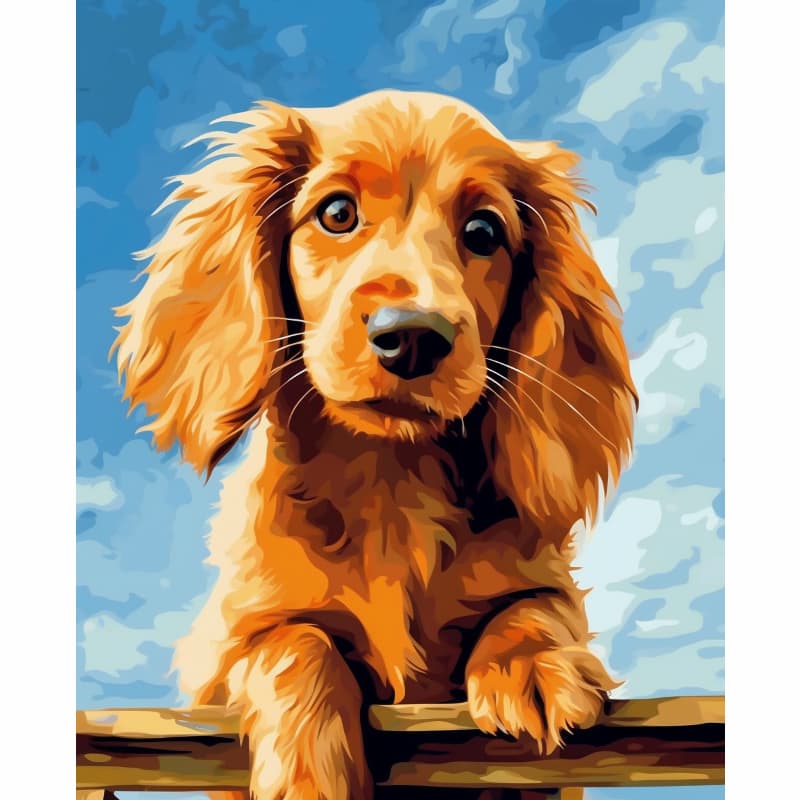 Painting of a brown dog sitting on a wooden surface with a blue sky background
