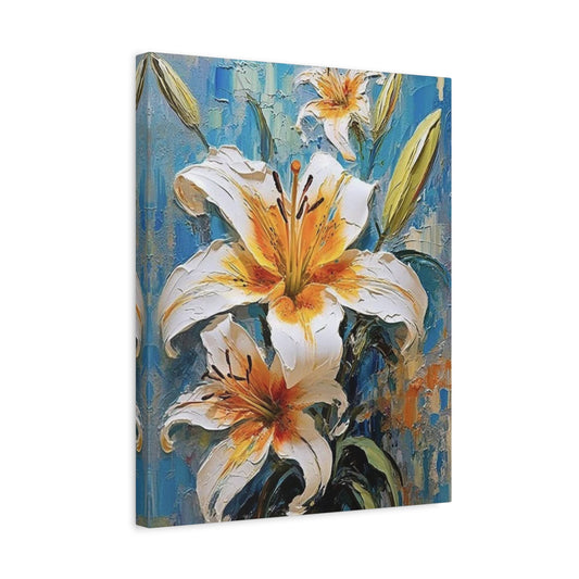 Golden Lilies 3D Flowers Paint By Numbers painting featuring sculpted white lilies with golden yellow and orange centers, surrounded by buds on a blue textured background shown in a frame