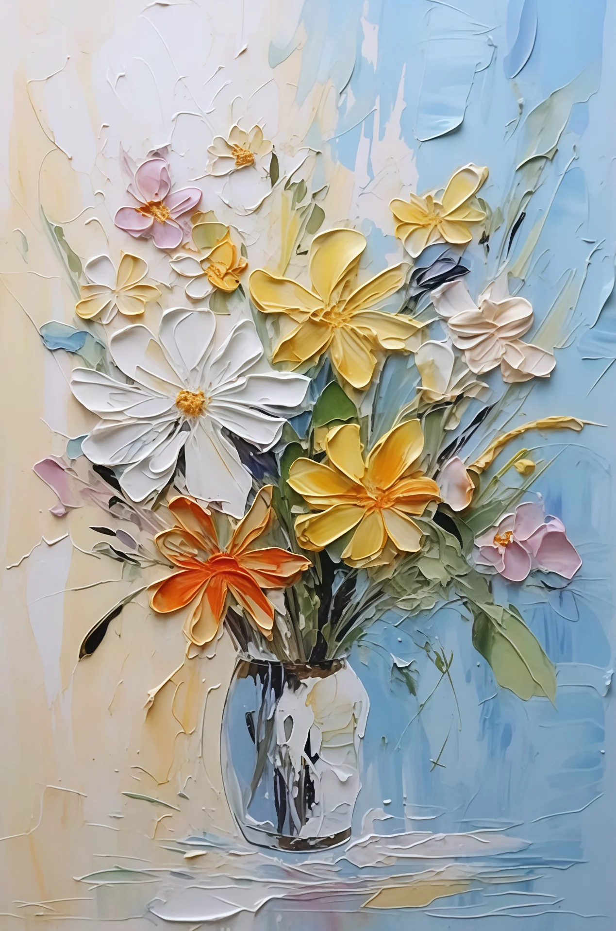 Golden Morning Paint By Numbers kit featuring soft yellow, white, and orange textured flowers arranged in a clear vase against a pastel blue and beige background, perfect for Canadian artists.