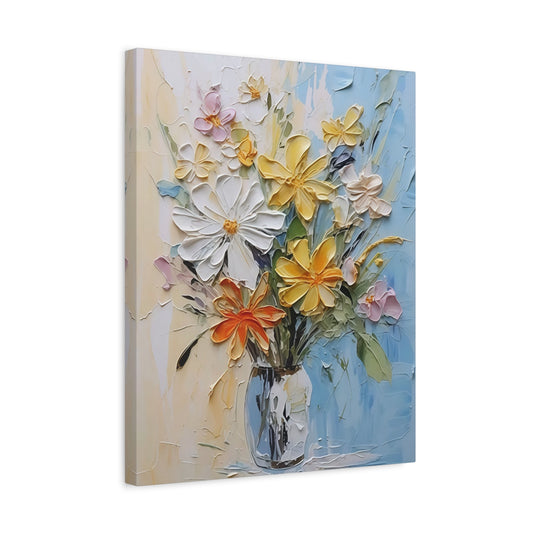 Golden Morning Paint By Numbers kit featuring soft yellow, white, and orange textured flowers arranged in a clear vase against a pastel blue and beige background, perfect for Canadian artists shown in a frame