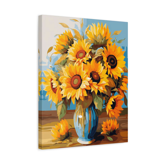 Golden Morning Paint By Numbers artwork showing a vibrant bouquet of sunflowers in a blue vase, set against a soft blue background with rustic tones shown in a frame.