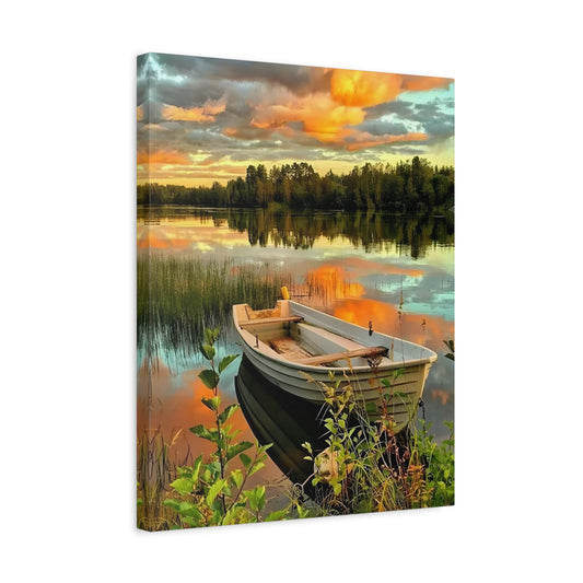 Rowboat by a calm lake reflecting a golden sunset and sky – Golden Reflections Paint By Numbers Kit Canada shown in a frame