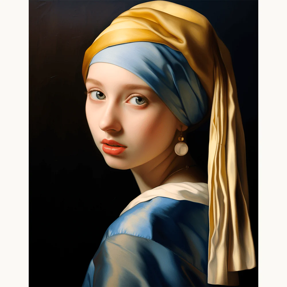 Graceful Gaze Paint By Numbers kit showing a classic-style portrait of a young woman with a golden scarf and soft lighting