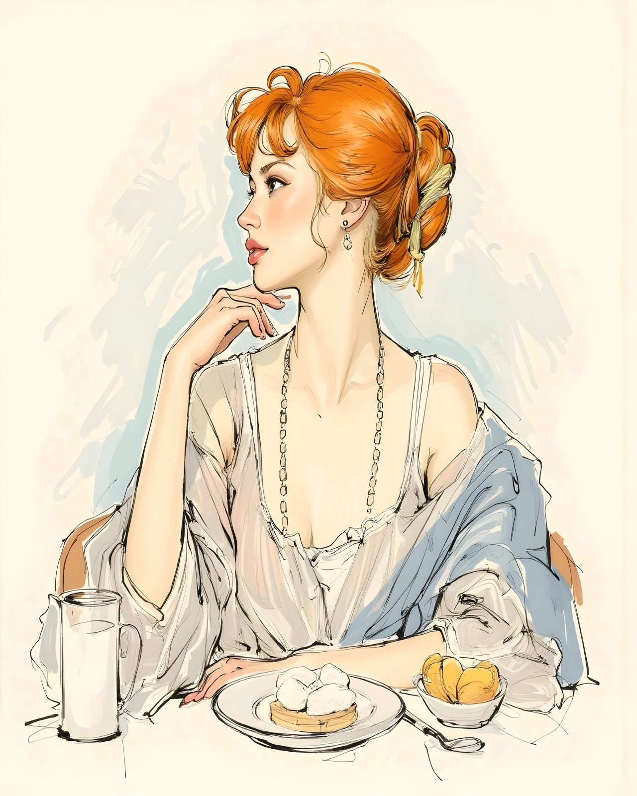 Minimalistic illustration of a red-haired woman enjoying breakfast with soft pastries and fruit, styled for Paint By Numbers artists in Canada.