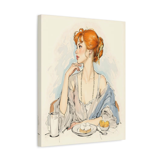 Minimalistic illustration of a red-haired woman enjoying breakfast with soft pastries and fruit, styled for Paint By Numbers artists in Canada shown in a frame