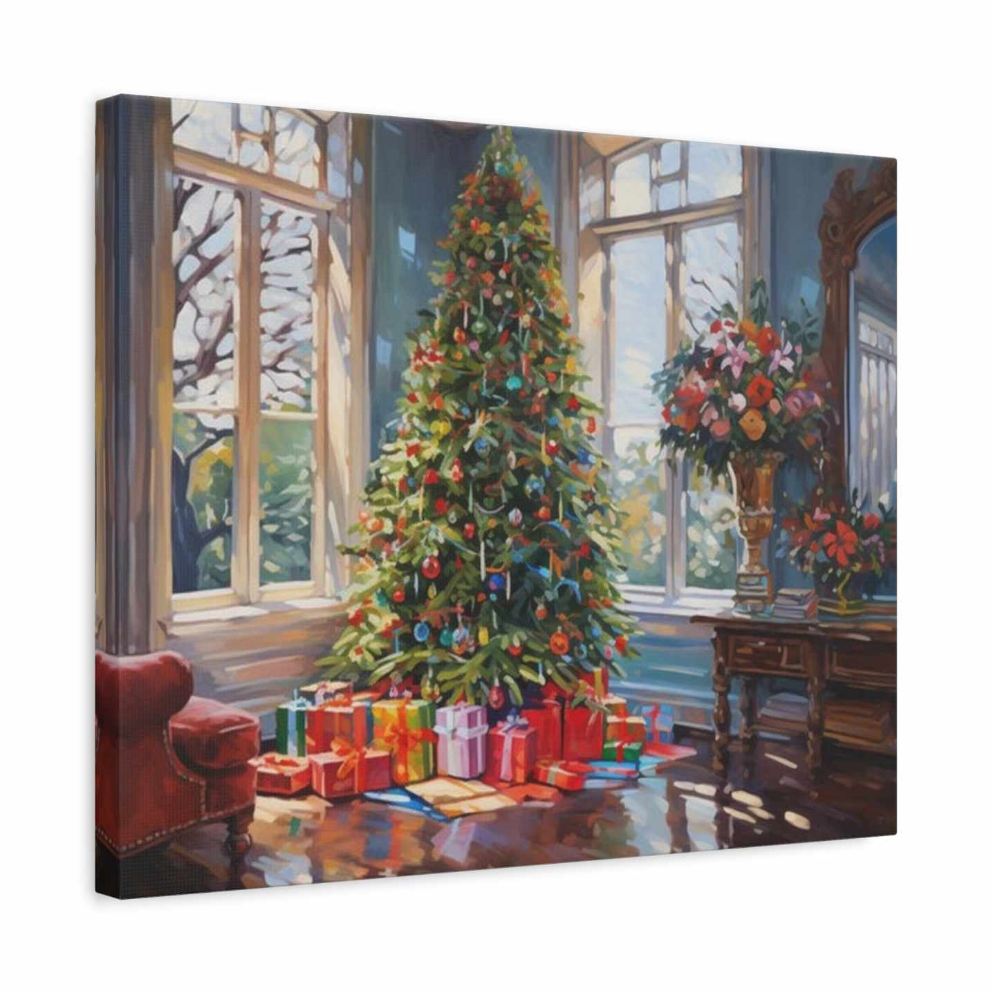 Grand Christmas Tree Paint By Numbers kit featuring a decorated Christmas tree with gifts beneath, sunlight through tall windows, and festive interior décor shown in a frame