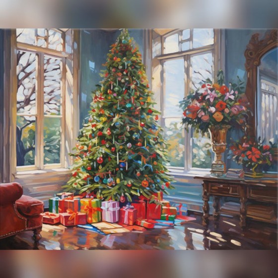 Grand Christmas Tree Paint By Numbers kit featuring a decorated Christmas tree with gifts beneath, sunlight through tall windows, and festive interior décor.