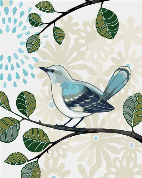 Happy Bird Paint By Numbers Kit featuring a bright, cheerful bird with whimsical colours sitting peacefully on a branch in abstract style