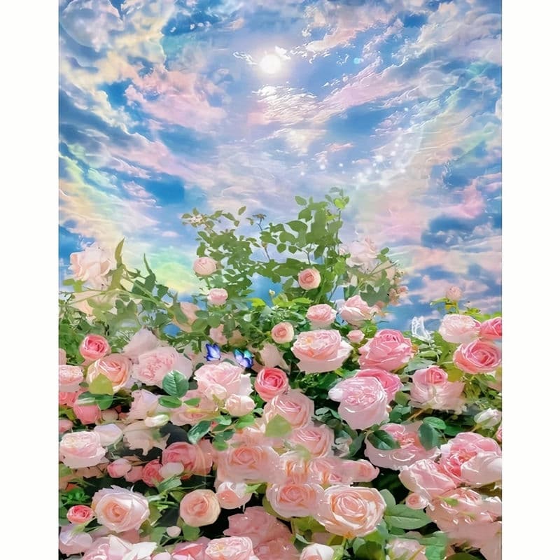 Pastel-colored flowers and sky with clouds