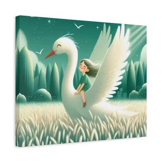 Heavenly World Diamond Painting Kit showing a joyful girl riding a glowing white bird through a dreamy wheat field under a magical forest sky shown in a frame