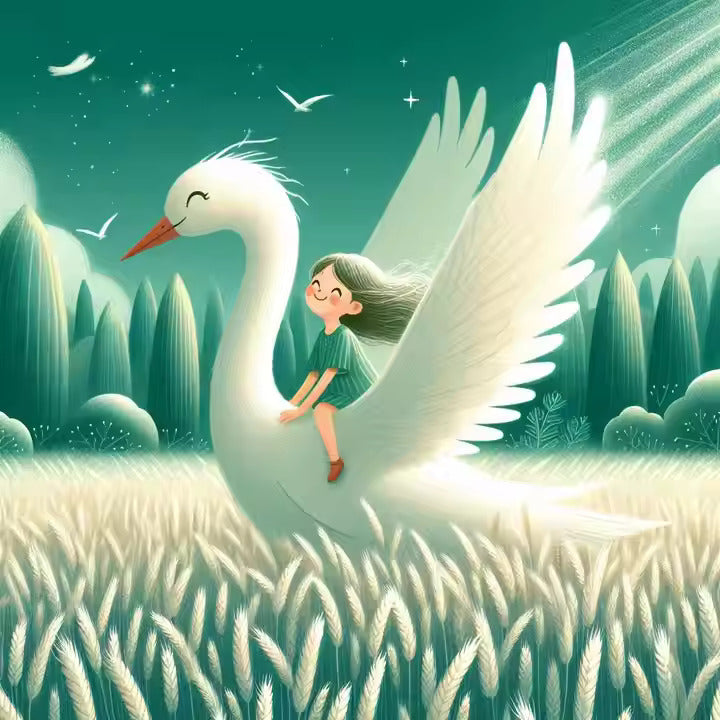 Heavenly World Diamond Painting Kit showing a joyful girl riding a glowing white bird through a dreamy wheat field under a magical forest sky