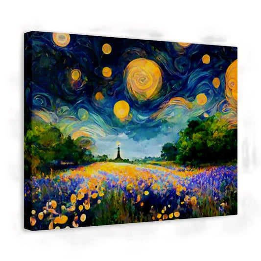 Inspired by Van Gogh and Monet Paint By Numbers artwork showcasing a swirling starry sky, dreamy brush strokes, and a colourful flower-filled field in Canada shown in a frame