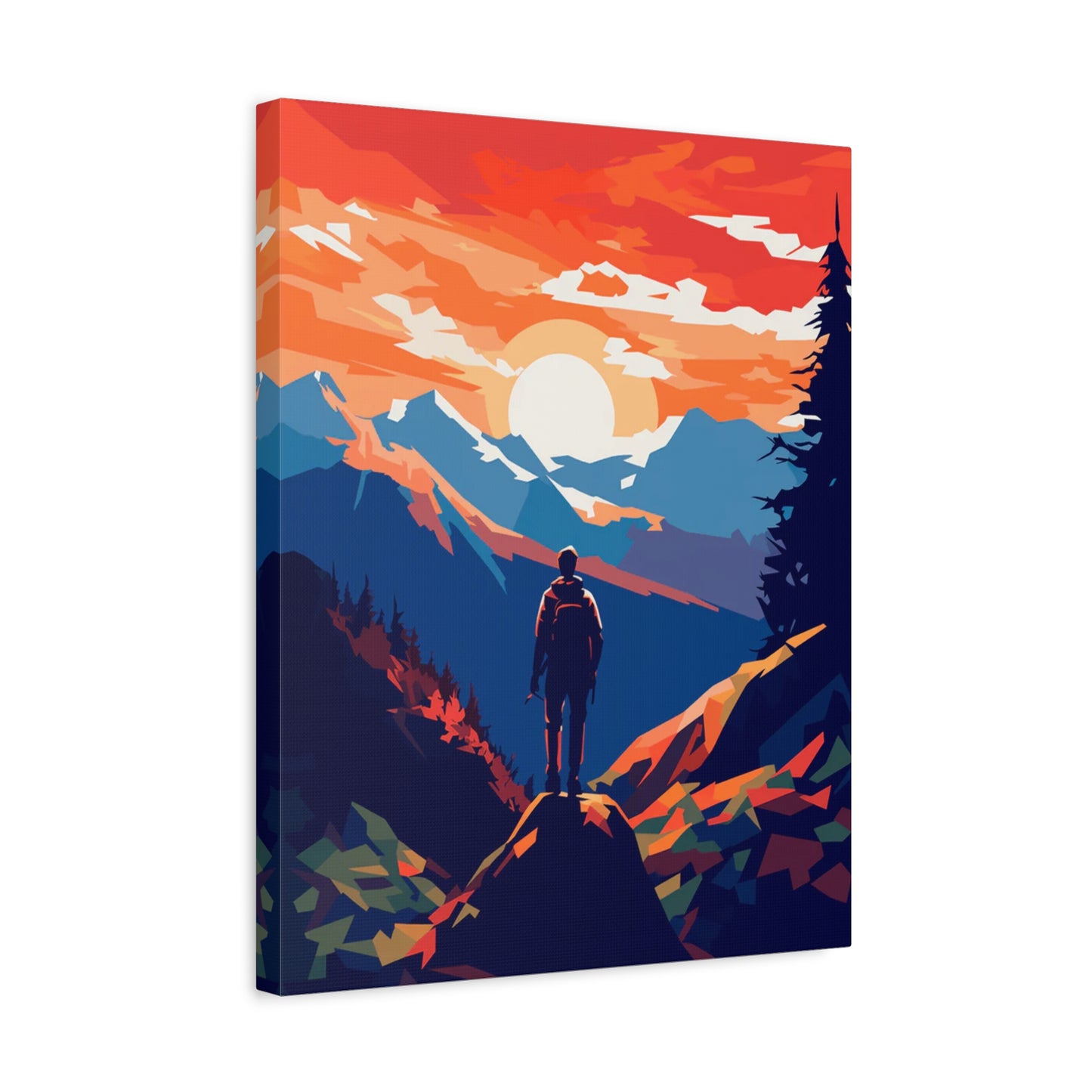 Into the Horizon Paint By Numbers artwork featuring a lone hiker admiring vivid mountain peaks under a dramatic sunrise sky, perfect for Canadian art lovers shown in a frame.