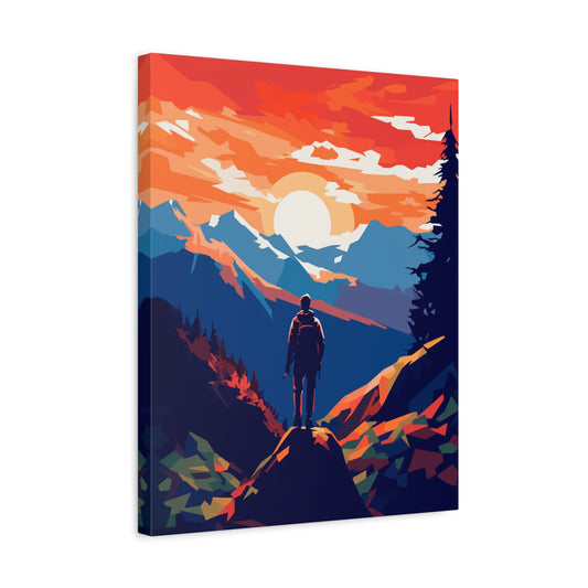 Into the Horizon Paint By Numbers artwork featuring a lone hiker admiring vivid mountain peaks under a dramatic sunrise sky, perfect for Canadian art lovers shown in a frame.