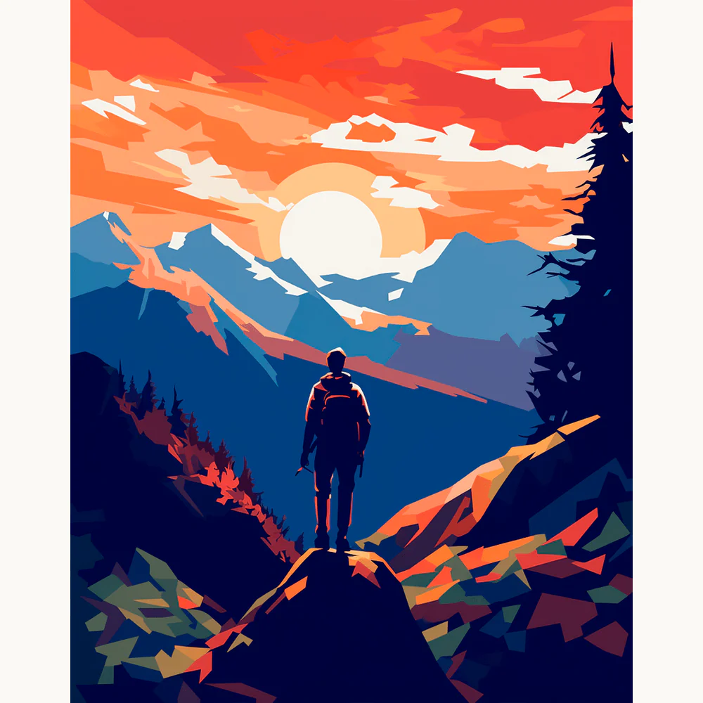 Into the Horizon Paint By Numbers artwork featuring a lone hiker admiring vivid mountain peaks under a dramatic sunrise sky, perfect for Canadian art lovers.