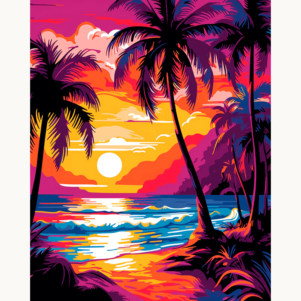 Island Glow Paint By Numbers painting featuring a vivid tropical sunset with palm trees, crashing waves, and glowing skies in vibrant orange, pink, and purple hues.