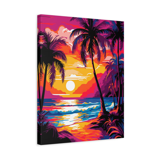 Island Glow Paint By Numbers painting featuring a vivid tropical sunset with palm trees, crashing waves, and glowing skies in vibrant orange, pink, and purple hues shown in a frame