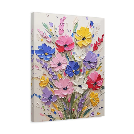 Blooming Joy Bouquet Paint By Numbers kit featuring a vibrant 3D-textured bouquet of pink, blue, purple, yellow, and white flowers, perfect for Canadian artists shown in a frame