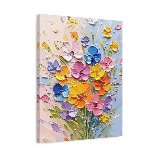 Joyful Bloom Burst Paint By Numbers kit featuring vibrant yellow, orange, pink, blue, and purple textured flowers against a pastel background, ideal for Canadian artists shown in a frame