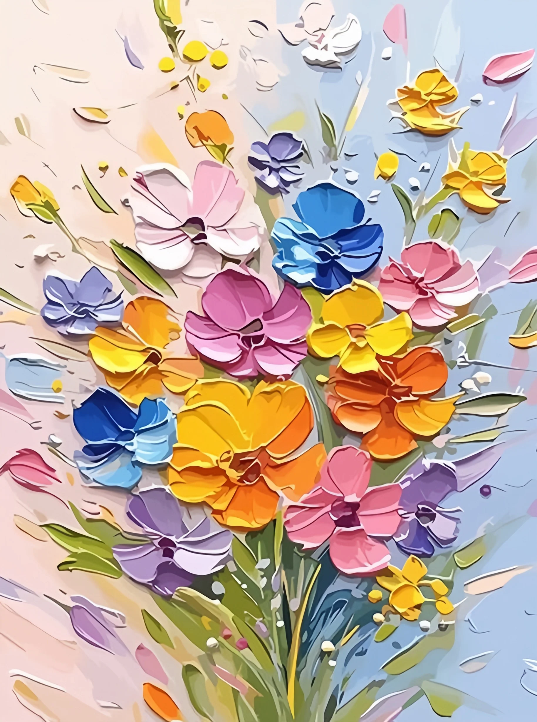 Joyful Bloom Burst Paint By Numbers kit featuring vibrant yellow, orange, pink, blue, and purple textured flowers against a pastel background, ideal for Canadian artists.