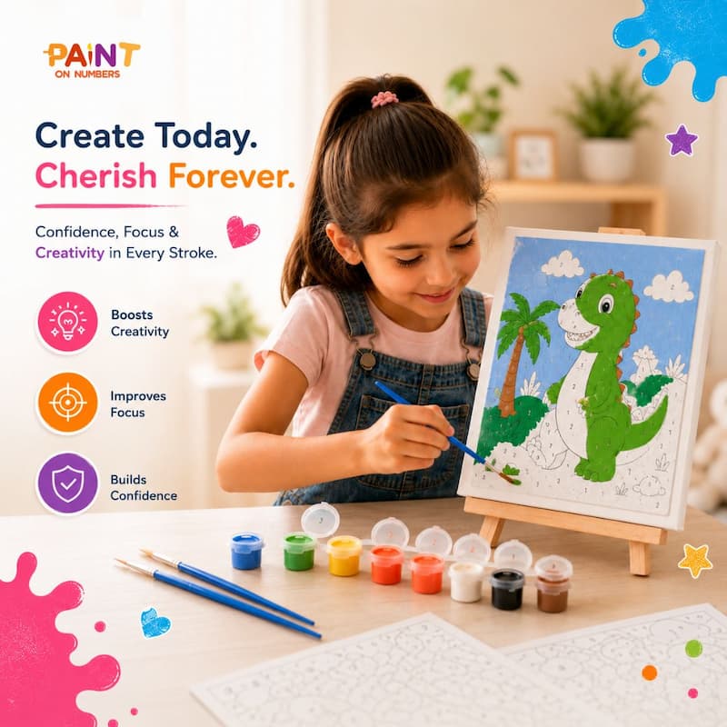 Child painting a dinosaur picture with colorful paints and brushes on a table.