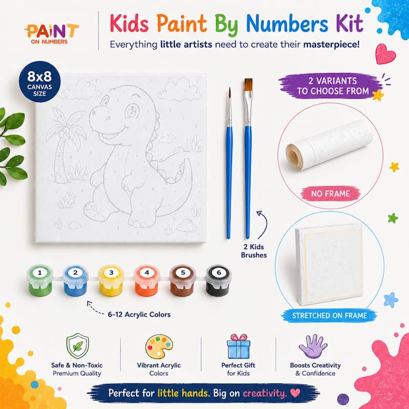 Kids Paint By Numbers Kit with dinosaur design, paintbrushes, and acrylic colors on a colorful background.