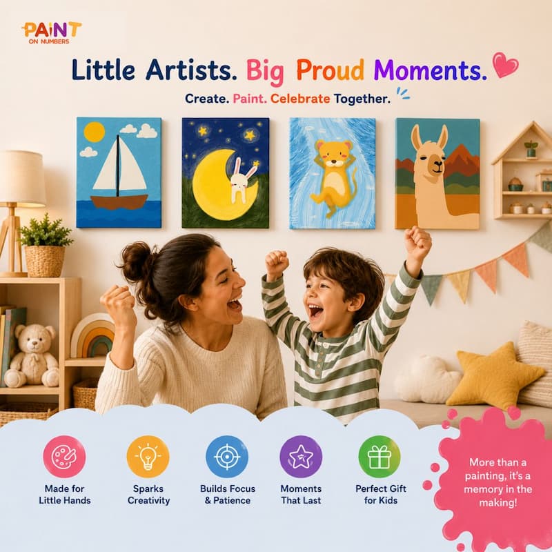 Woman and child celebrating with colorful children's paintings on the wall, featuring a sailboat, moon, lion, and llama.