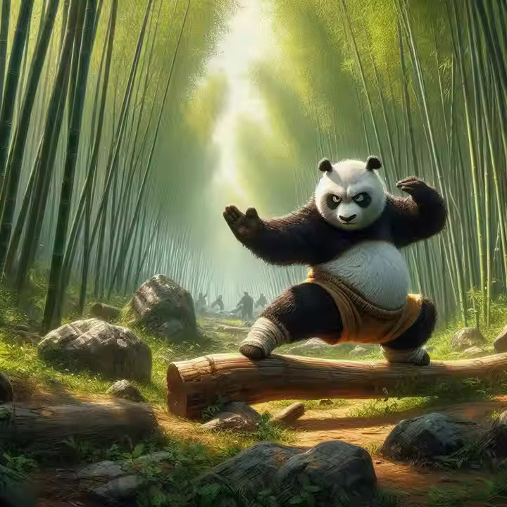 Kung Fu Panda Diamond Painting Kit showing a playful panda striking a kung fu pose in a bamboo forest, full of colour, light, and energy