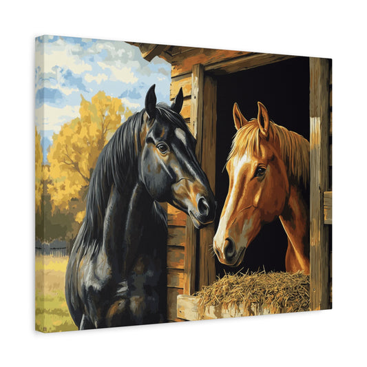 Loyal Companion Paint By Numbers Kit showing two horses bonding by a wooden stable, perfect for animal lovers and horse enthusiasts in Canada shown in a frame